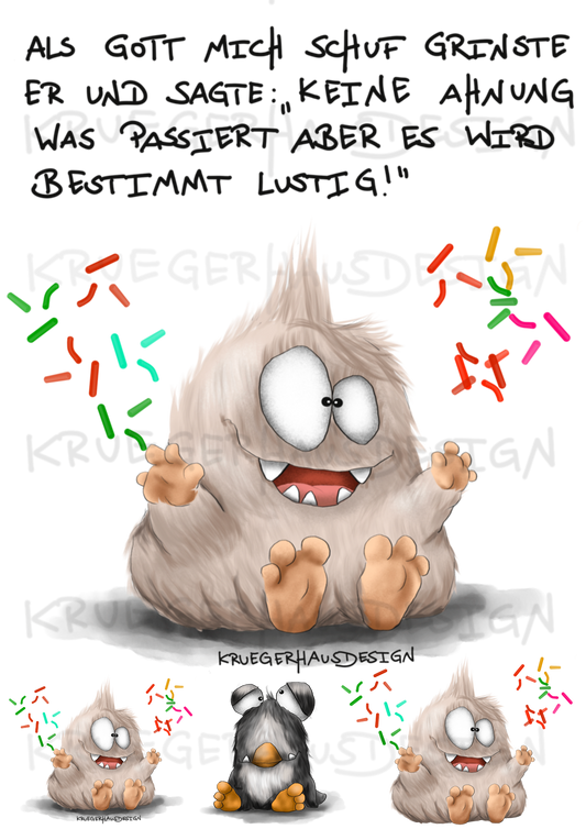 A4 Bügelbild Kruegerhausdesign Monster mit Spruch, Als Gott mich schuf...