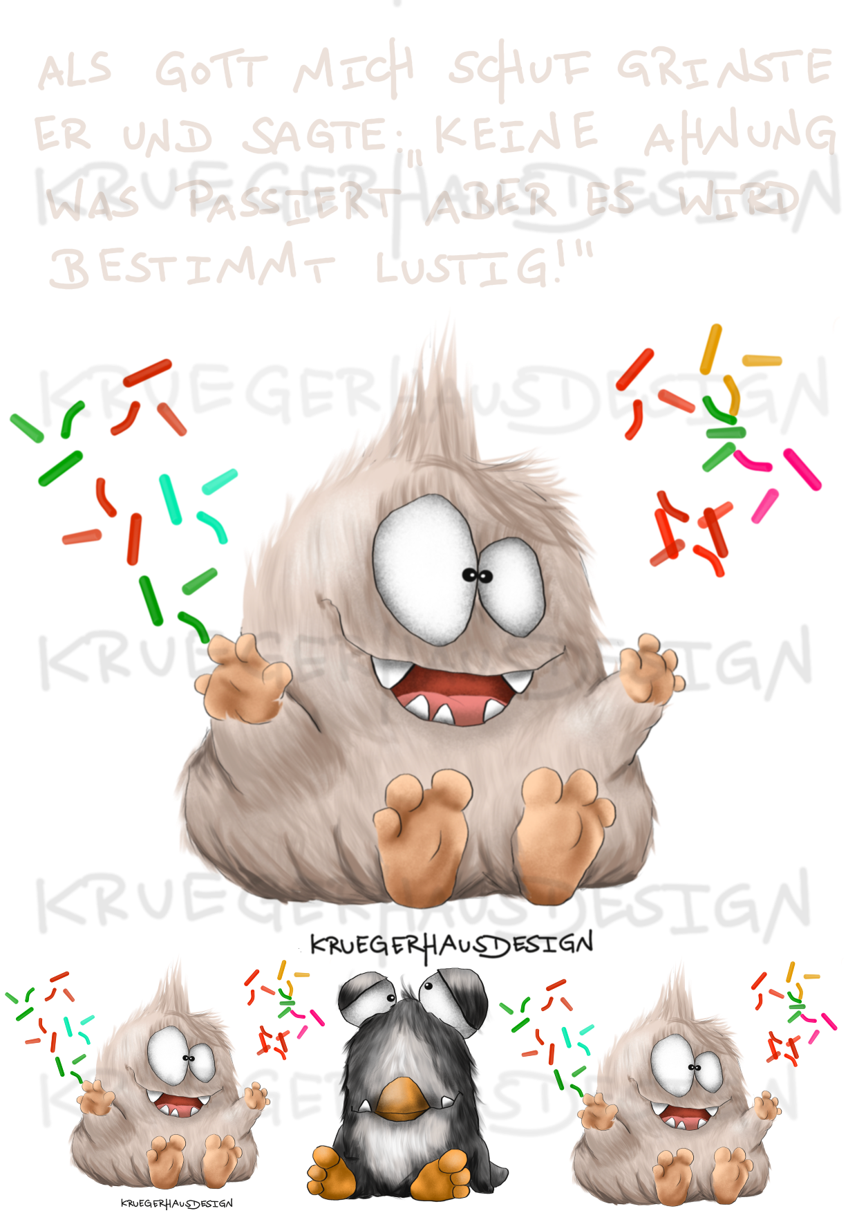 A4 Bügelbild Kruegerhausdesign Monster mit Spruch, Als Gott mich schuf...