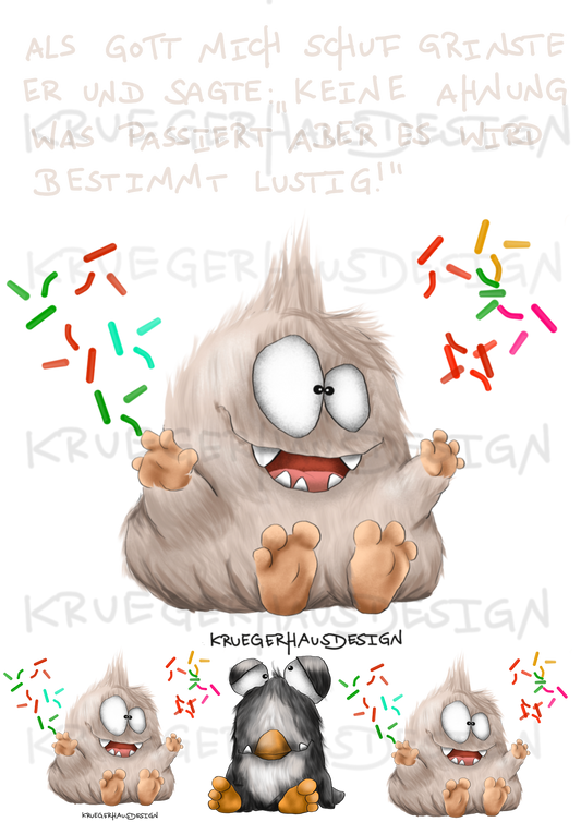A4 Bügelbild Kruegerhausdesign Monster mit Spruch, Als Gott mich schuf...