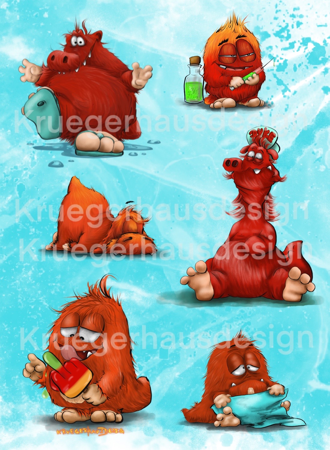 Premium Kuscheldecke, superweich, 150 x 200cm, Kruegerhausdesign Monster, viele Monster in rot und Türkis