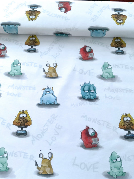 Organic French Terry Stoff, Eigenzeichnung, Monster Love auf weiß Klassiker