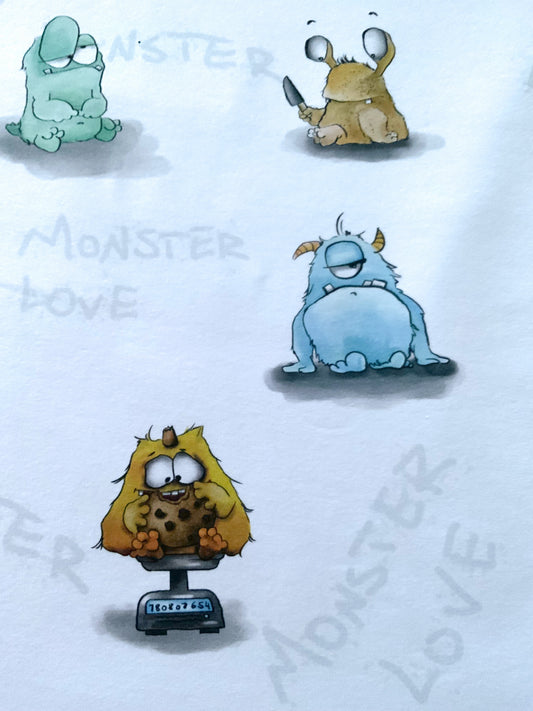 Organic French Terry Stoff, Eigenzeichnung, Monster Love auf weiß Klassiker
