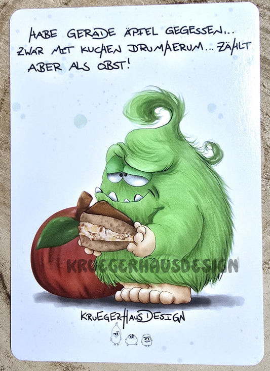 Postkarte Kruegerhausdesign Monster mit Spruch, Habe gerade Äpfel gegessen.... Zwar mit Kuchen drumherum... zählt aber als Obst!