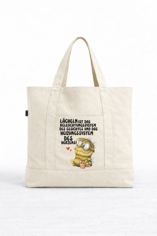 Lächeln Tote Bag Beige – Nachhaltige Canvas Tasche ohne Reißverschluss mit Spruch, limitiert nur für April