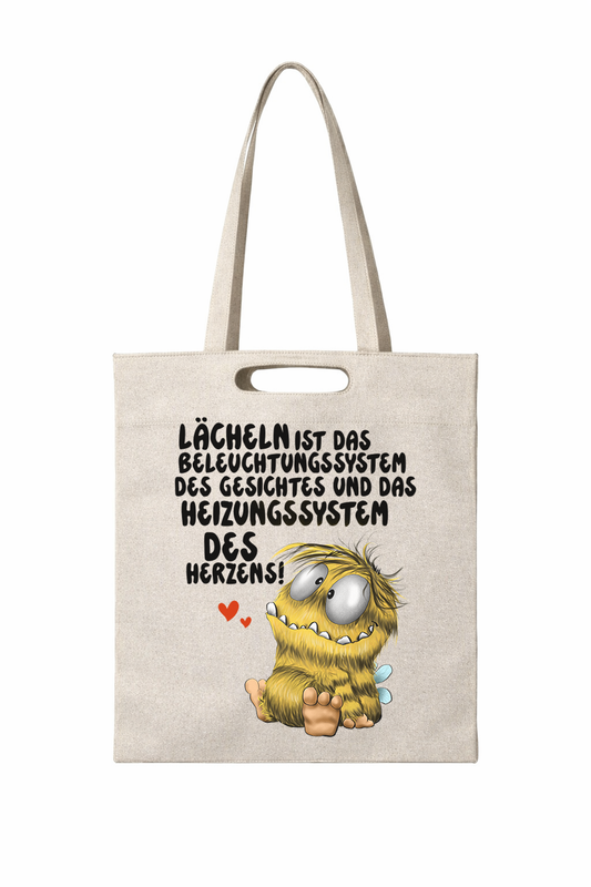Lächeln Shopper Tasche Beige – Nachhaltige Baumwoll Tasche mit Spruch, limitierte April Edition