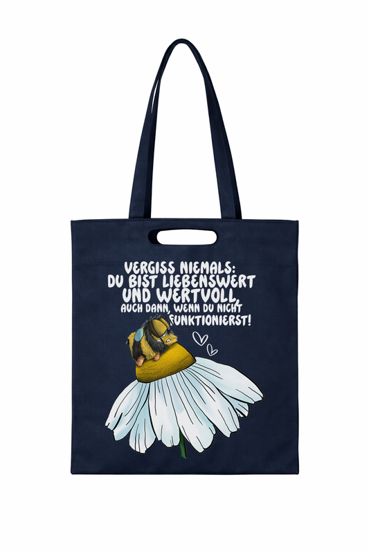 Du bist wertvoll Shopper Tasche Dunkelblau – Nachhaltige Baumwoll Tasche mit Spruch, limitierte April Edition