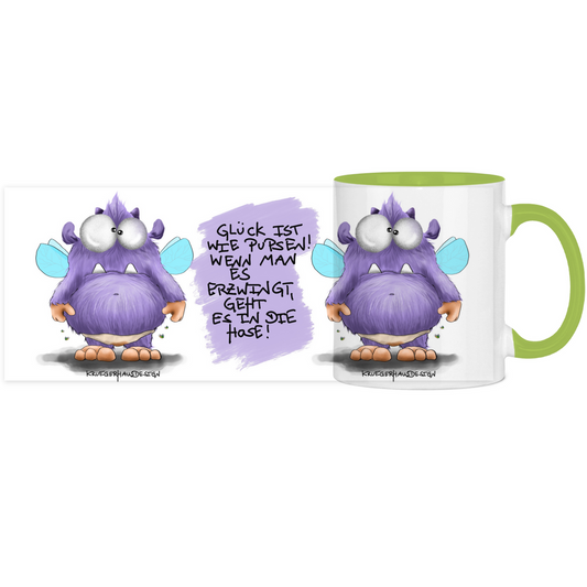 Tasse, Kaffeetasse, Teetasse, zweifarbig, Kruegerhausdesign mit Monster und Spruch, 2. Variante, Glück ist wie Pupsen...