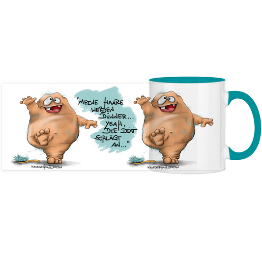 Panorama Tasse zweifarbig, Kaffeetasse, Tee, Kruegerhausdesign Monster mit Spruch, Meine Haare werden dünner...