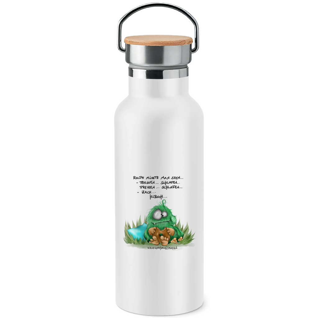 Edelstahl-Trinkflasche mit Bambusdeckel Raupe müsste man sein... Fressen.. Schlafen.. Zack... Hübsch