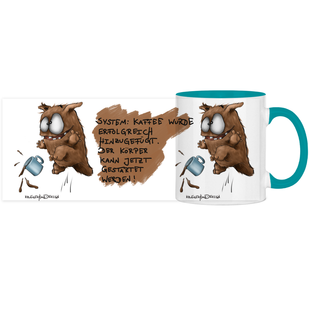 Tasse, Kaffeetasse, Teetasse, zweifarbig, Kruegerhausdesign Monster mit Spruch, 2. Variante, System: Kaffe wurde...