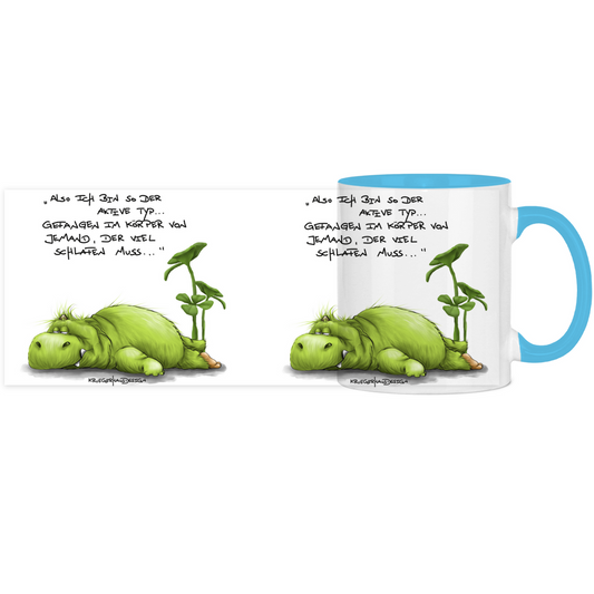 Tasse, Kaffeetasse, Teetasse, zweifarbig, Kruegerhausdesign Monster mit Spruch, klassisch, Also ich bin so der aktive Typ