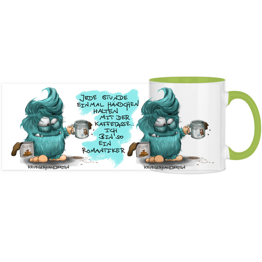 Tasse, Kaffeetasse, Teetasse, zweifarbig, Kruegerhausdesign Monster mit Spruch, 2.Variante, Jede Stunde einmal ....