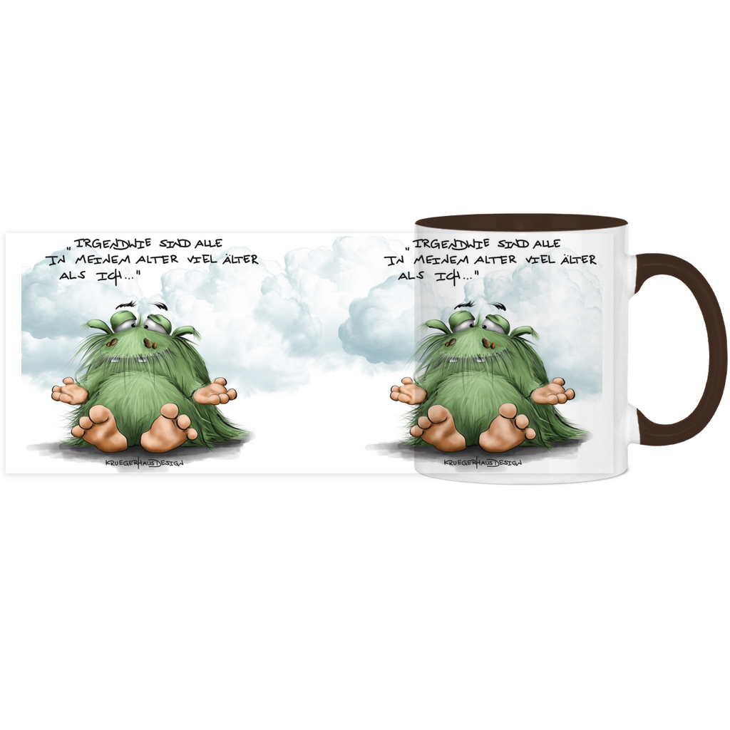 Tasse, Kaffeetasse, Teetasse, Kruegerhausdesign Monster mit Spruch, zweifarbig, Irgendwie sind alle in meinem Alter....