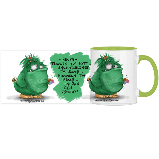 Tasse, Kaffeetasse, Teetasse, zweifarbig, Kruegerhausdesign Monster mit Spruch, 2. Variante, Flausen im Kopf... Biotop