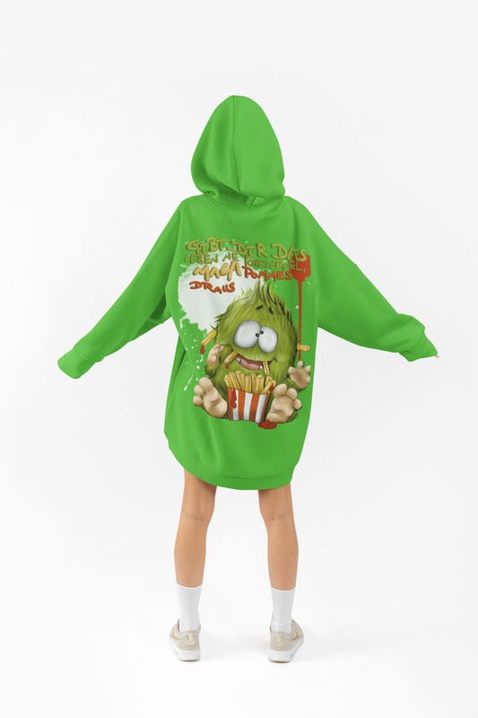 Unisex Hoodie XXL Druck Kruegerhausdesign Monster in lime green Gr. L, Gibt dir das Leben 'ne Kartoffel..