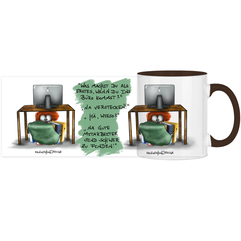 Tasse, Kaffeetasse, Teetasse, zweifarbig, Kruegerhausdesign Monster mit Spruch, 2. Variante, Was machst du als erstes... Büro...