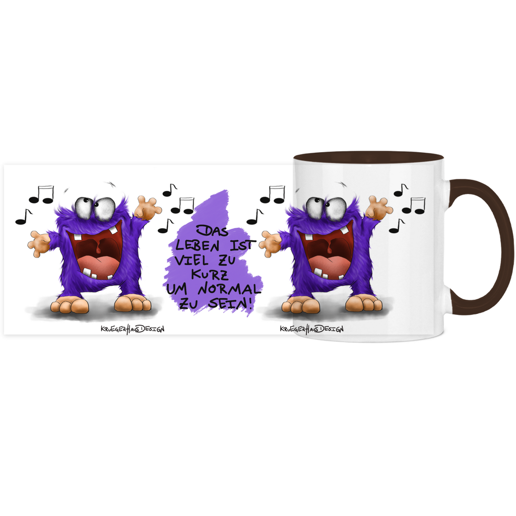 Tasse, Kaffeetasse, Teetasse, zweifarbig, Kruegerhausdesign Monster mit Spruch, 2. Variante, Das Leben ist viel zu kurz...