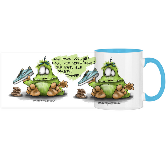 Tasse, Kaffeetasse, Teetasse, Kruegerhausdesign Monster mit Spruch, zweifarbig, 2. Variante, Ich liebe Schuhe...