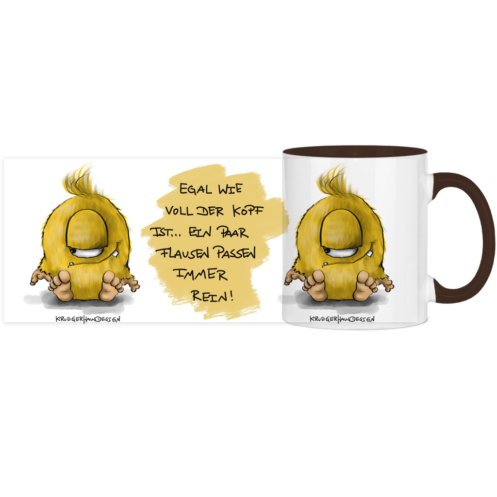 Tasse, Kaffeetasse, Teetasse, zweifarbig, Kruegerhausdesign Monster mit Spruch, 2. Variante, Egal wie voll der Kopf ist...