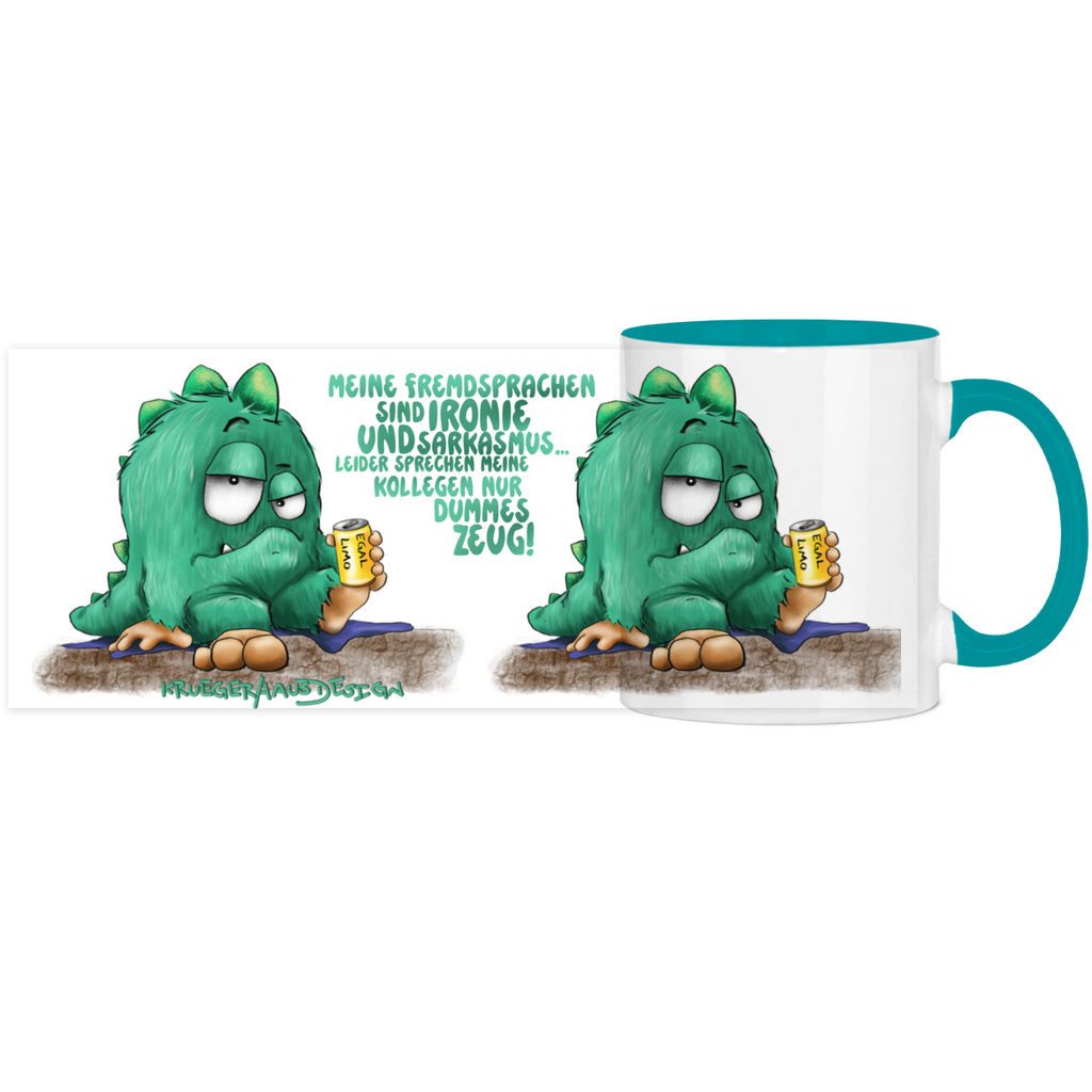 Panorama Tasse zweifarbig Meine Fremdsprachen sind Ironie und Sarkasmus, leider…