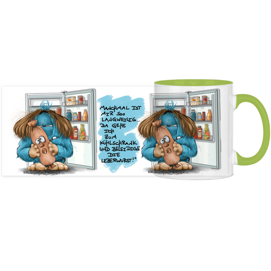 Tasse, Kaffeetasse, Teetasse, zweifarbig, Kruegerhausdesign Monster mit Spruch, 2. Variante, Manchmal ist mir so langweilig...