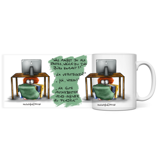 Tasse, Kaffeetasse, Teetasse, Kruegerhausdesign Monster mit Spruch, 2. Variante, Was machst du als erstes... Büro..