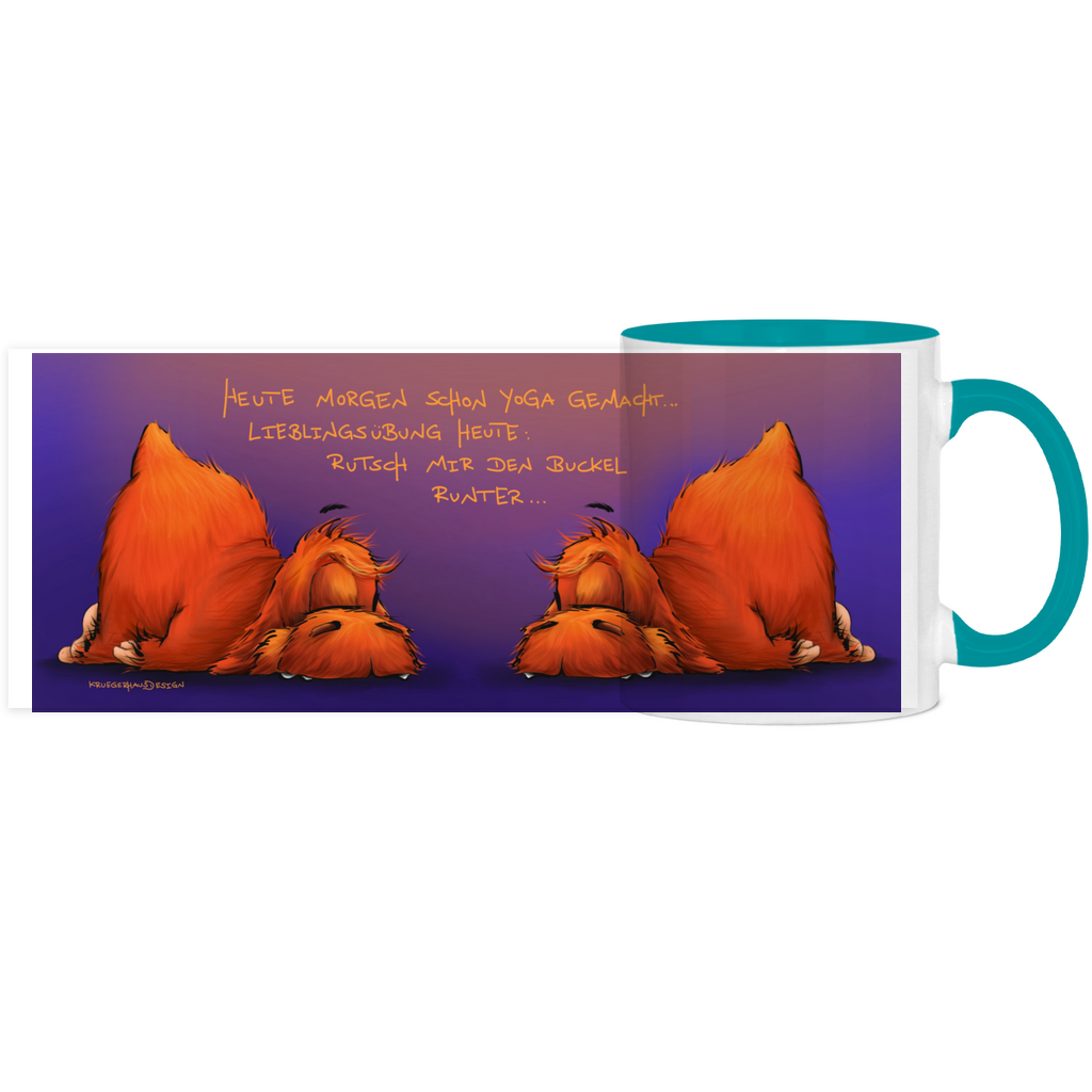 Tasse, Kaffeetasse, Teetasse, zweifarbig, Kruegerhausdesign Monster mit Spruch, Heute morgen schon Yoga gemacht...
