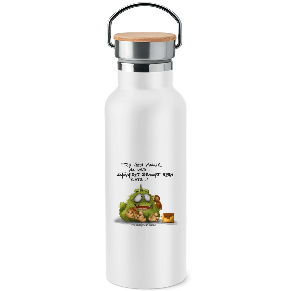 Edelstahl-Trinkflasche mit Bambusdeckel Ich bin mollig, na und... Schönheit braucht eben Platz!