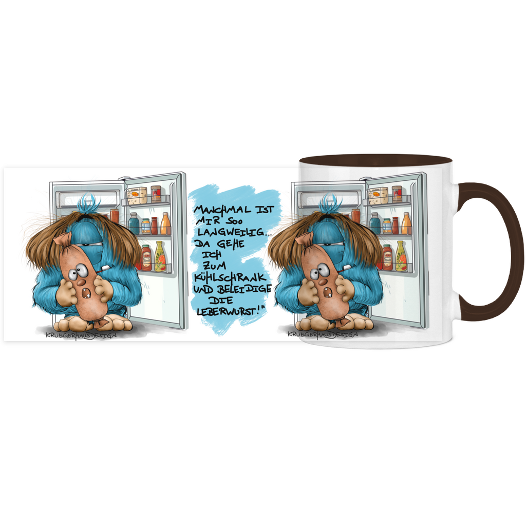 Tasse, Kaffeetasse, Teetasse, zweifarbig, Kruegerhausdesign Monster mit Spruch, 2. Variante, Manchmal ist mir so langweilig...