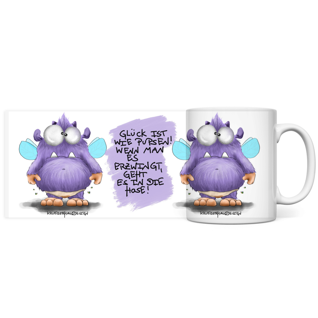 Tasse, Kaffeetasse, Teetasse, Kruegerhausdesign mit Monster und Spruch, 2. Variante, Glück ist wie Pupsen...