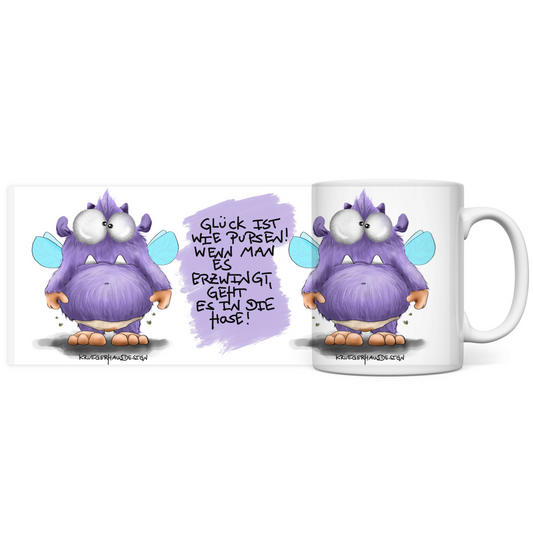 Tasse, Kaffeetasse, Teetasse, Kruegerhausdesign mit Monster und Spruch, 2. Variante, Glück ist wie Pupsen...