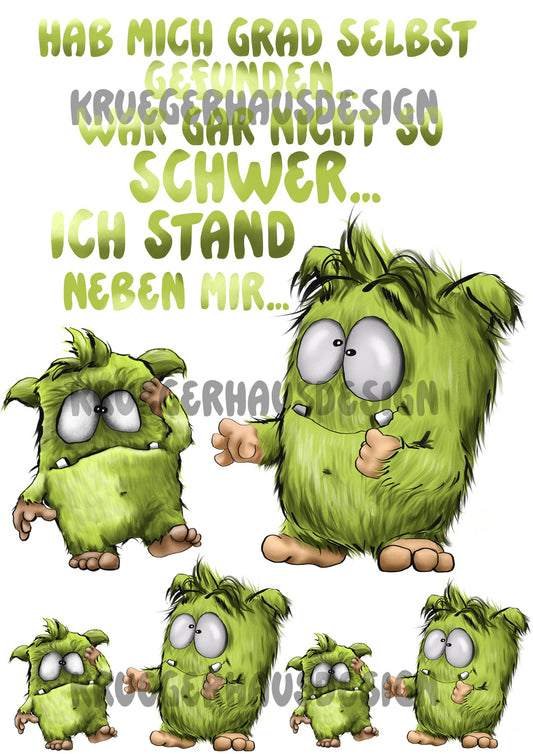 Lustiges Bügelbild DIN A4 Monster „Bügelbild „Hab mich grad selbst gefunden…“