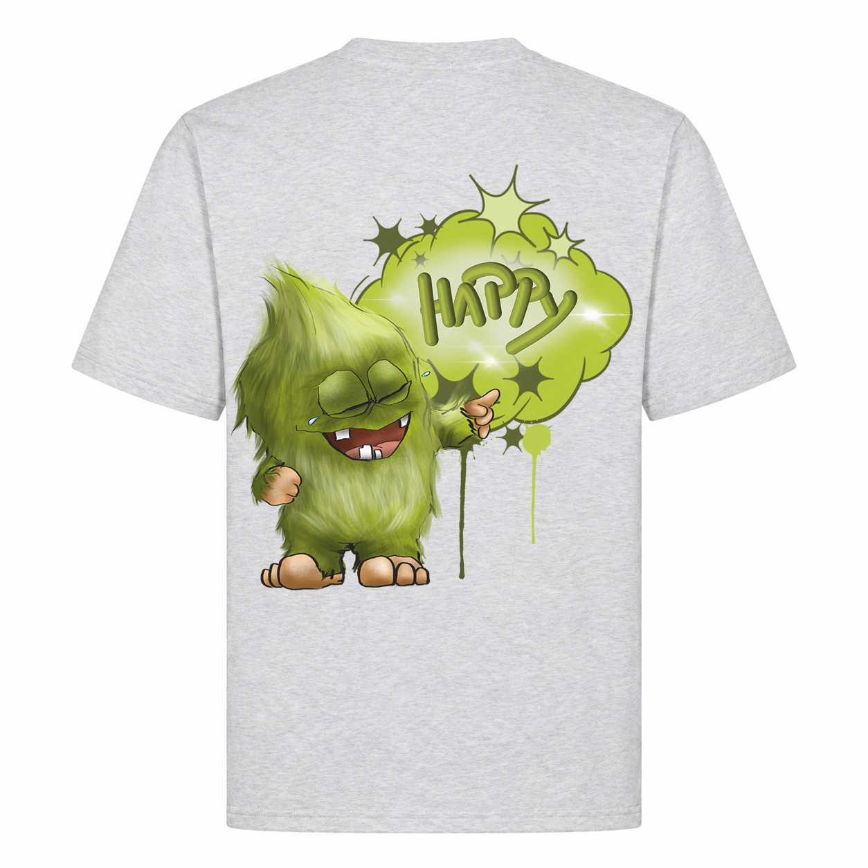 FINAL SALE T-Shirt Gr. XL Hellgrau – „Happy“ Monster – Kruegerhausdesign