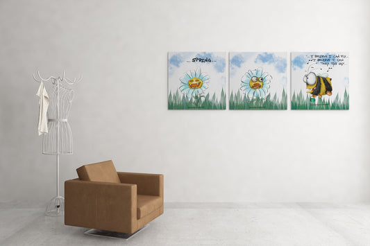 3 Leinwände von Kruegerhausdesign mit Monster und Spruch "das Spring Hummel Gebrummel“