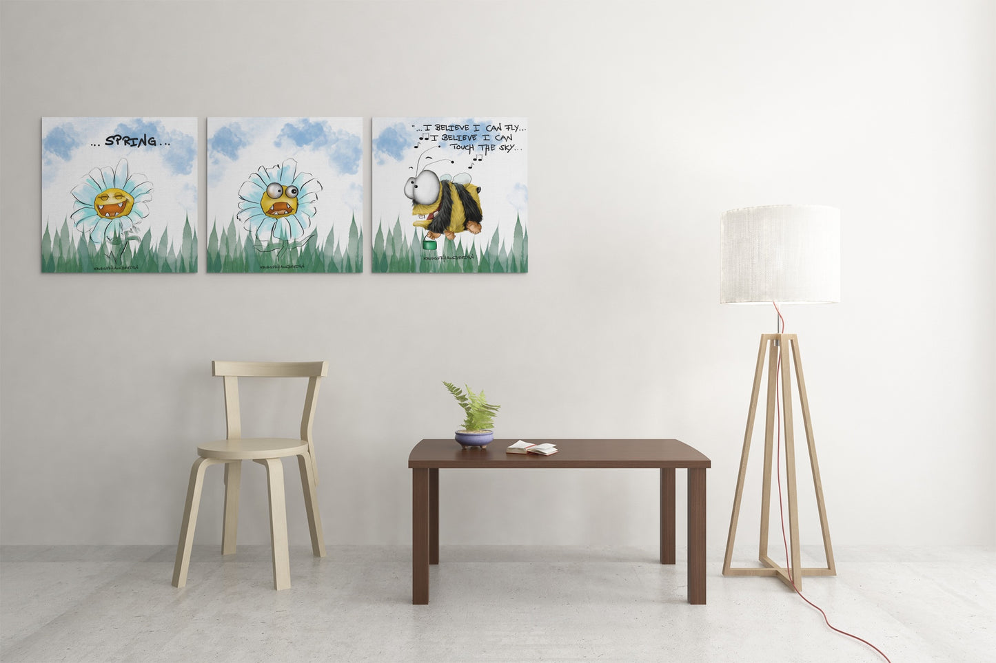 3 Leinwände von Kruegerhausdesign mit Monster und Spruch "das Spring Hummel Gebrummel“