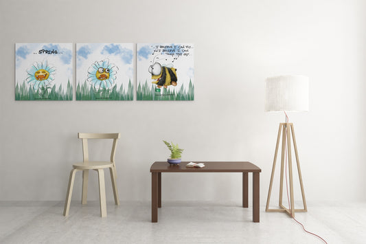 3 Leinwände von Kruegerhausdesign mit Monster und Spruch "das Spring Hummel Gebrummel“