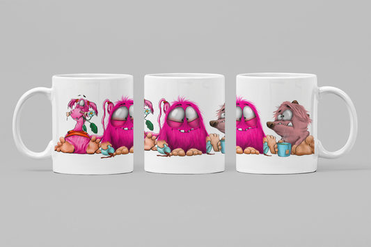 Monster Tasse „Morgenmuffel Bande“ – Handgemachte Keramiktasse mit Orca Coating & lustigem Monster Motiv