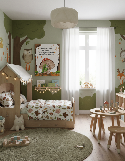 Poster von Kruegerhausdesign mit Monster und Spruch, Kein Pilz ist zu klein, um auch ein Glückspilz zu sein!