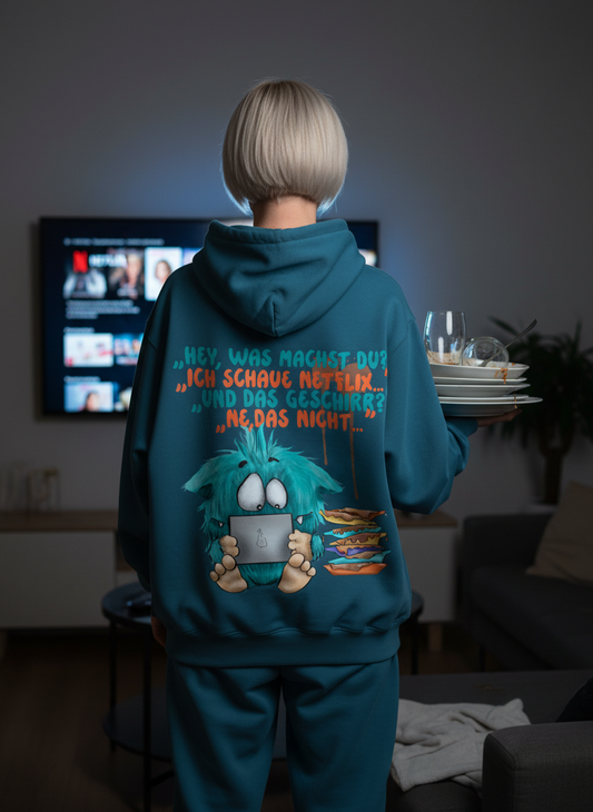 Unisex Hoodie XXL Druck Kruegerhausdesign Monster Gr. S,M, L, XL, XXL, 3XL, "Hey, was machst du?" "Ich schaue Netflix..."