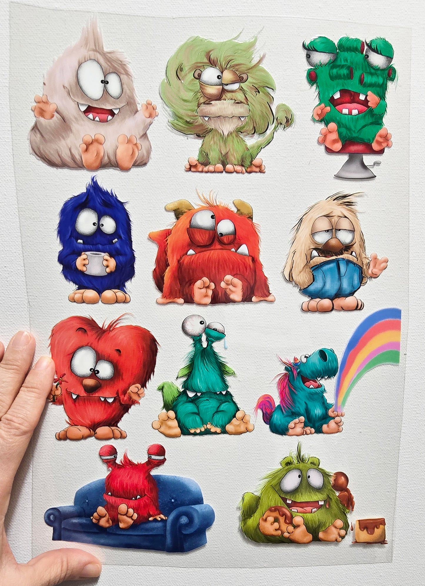Rub on, UV Folienaufkleber, A4 Blatt, Design 2, unterschiedlich Monster