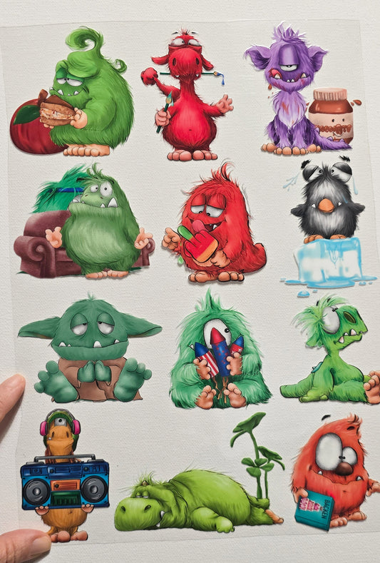 B-Ware Rub on, UV Folienaufkleber, A4 Blatt, Design 3,unterschiedlich Monster, ein Fehler