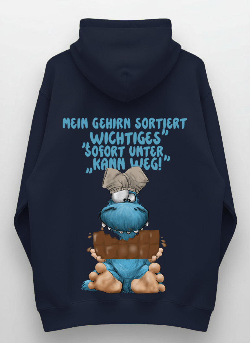 FINAL SALE – Monster Hoodie Navy „Mein Gehirn sortiert Wichtiges“ | Größe L