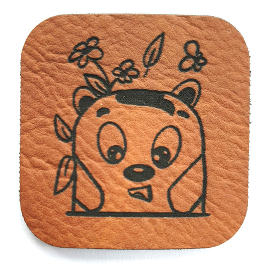 Kunstleder Label, Patch, Etikett, Aufnäher, süße Katze Hobble, braun, Laser graviert