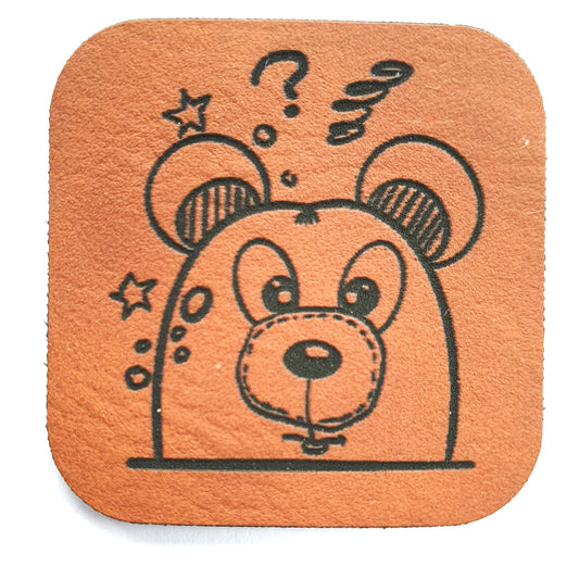Kunstleder Label, Patch, Etikett, Aufnäher, süßer Bär Hobble, braun, Laser graviert