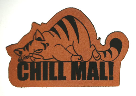 Kunstleder Label, Patch, Etikett, Aufnäher, Chill mal Katze, braun, Laser graviert