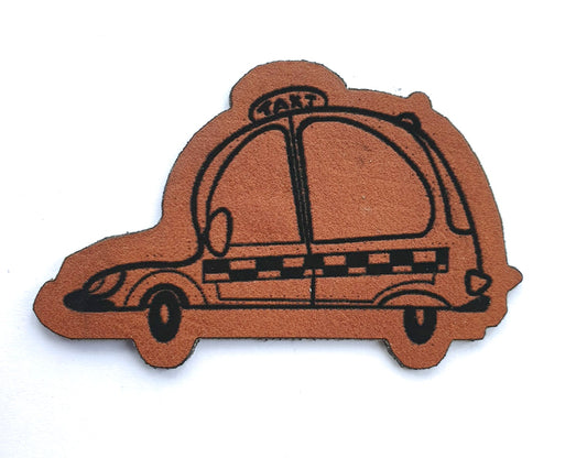 Kunstleder Label, Patch, Etikett, Aufnäher, Hipster Taxi, braun, Laser graviert