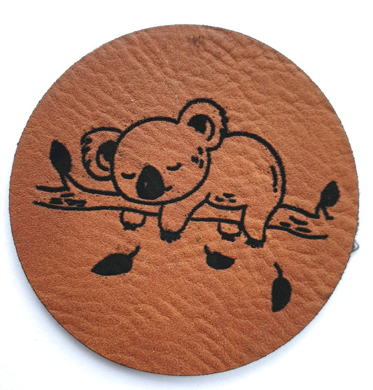 Kunstleder Label, Patch, Etikett, Aufnäher, rund, Koala, braun, Laser graviert