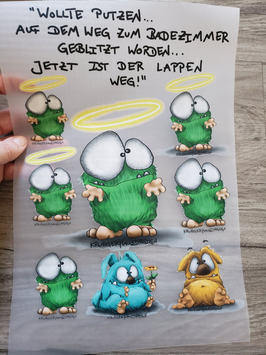 A4 Bügelbild Kruegerhausdesign Monster, Ich wollte putzen... mit Liebe illustriert