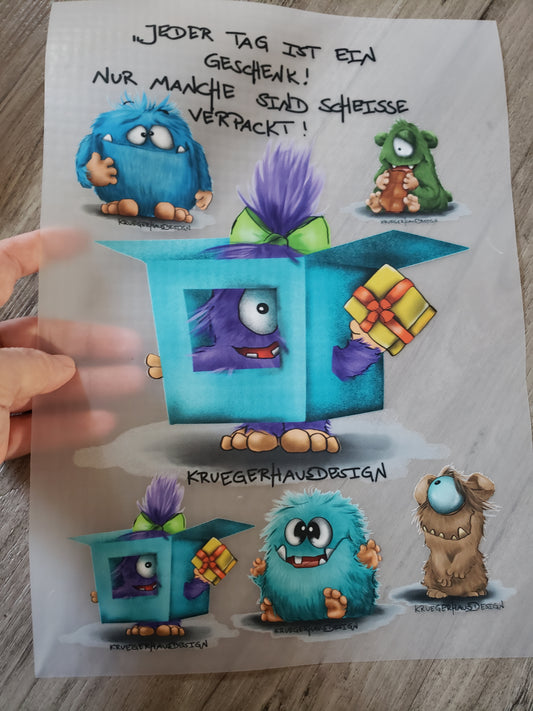 A4 Bügelbild Kruegerhausdesign Monster, Jeder Tag ist eim Geschenk...mit Liebe illustriert