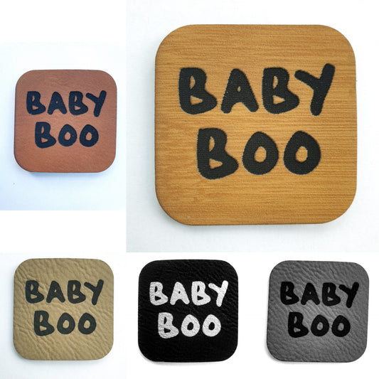 Kunstleder Label, Patch, Etikett, Aufnäher, Baby Boo, Laser graviert, braun, grau, beigebraun, bambus, schwarz